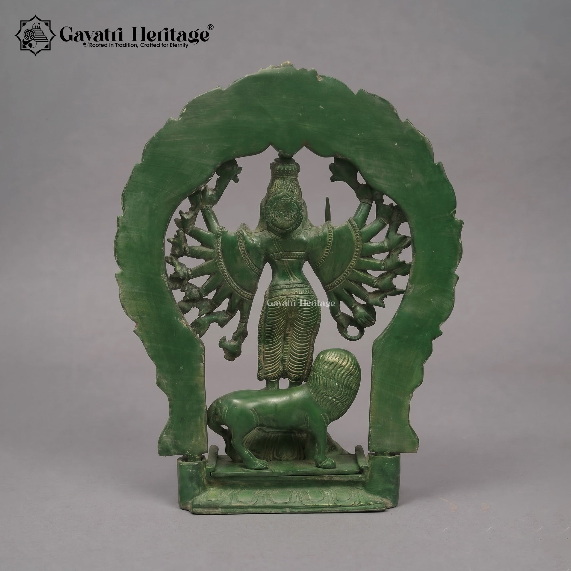 Brass Katyayani Mata Statue | Antique Green Patina with Gold Finish Durga Idol – 12 Inch