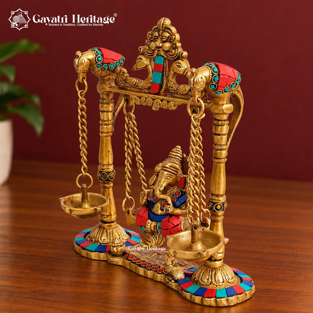 Brass Ganesha Jhula with Stone Inlay & Temple Bells, Handcrafted Ganesh Swing Idol, Diwali Pooja & Home Decor