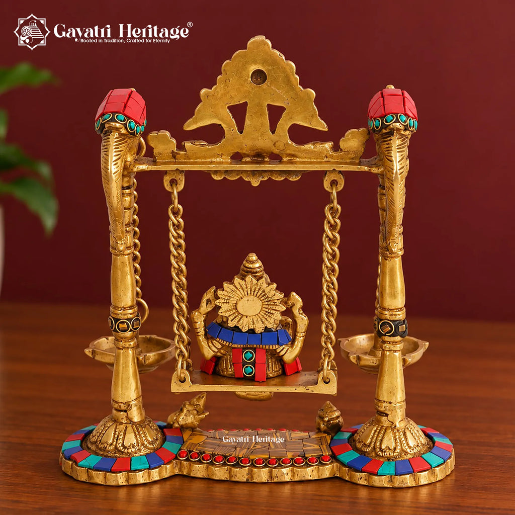 Brass Ganesha Jhula with Stone Inlay & Temple Bells, Handcrafted Ganesh Swing Idol, Diwali Pooja & Home Decor