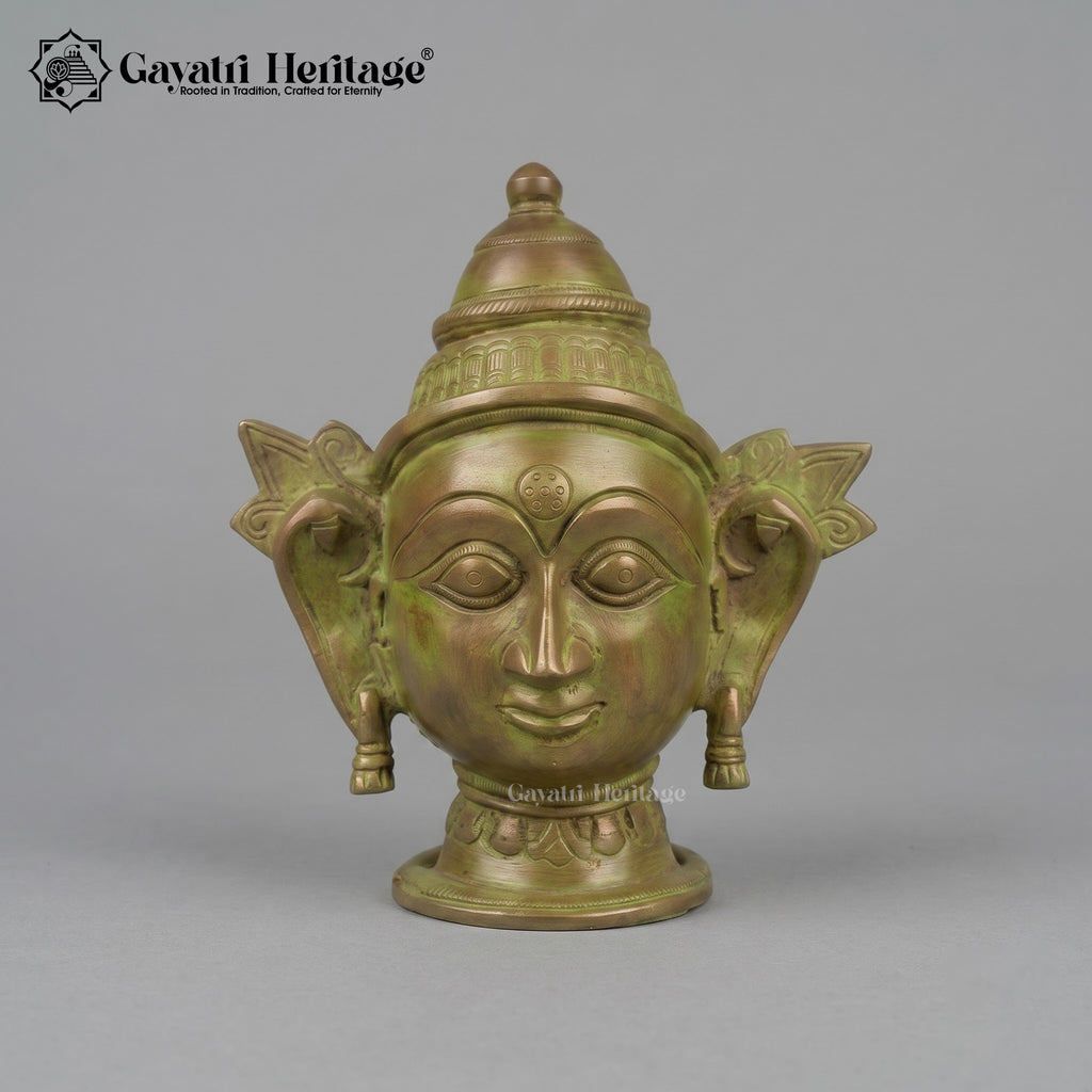 Vintage Style Shiva Parvati Mukha Statue Set – Brass Deity Face Sculpture with Blue Green Patina