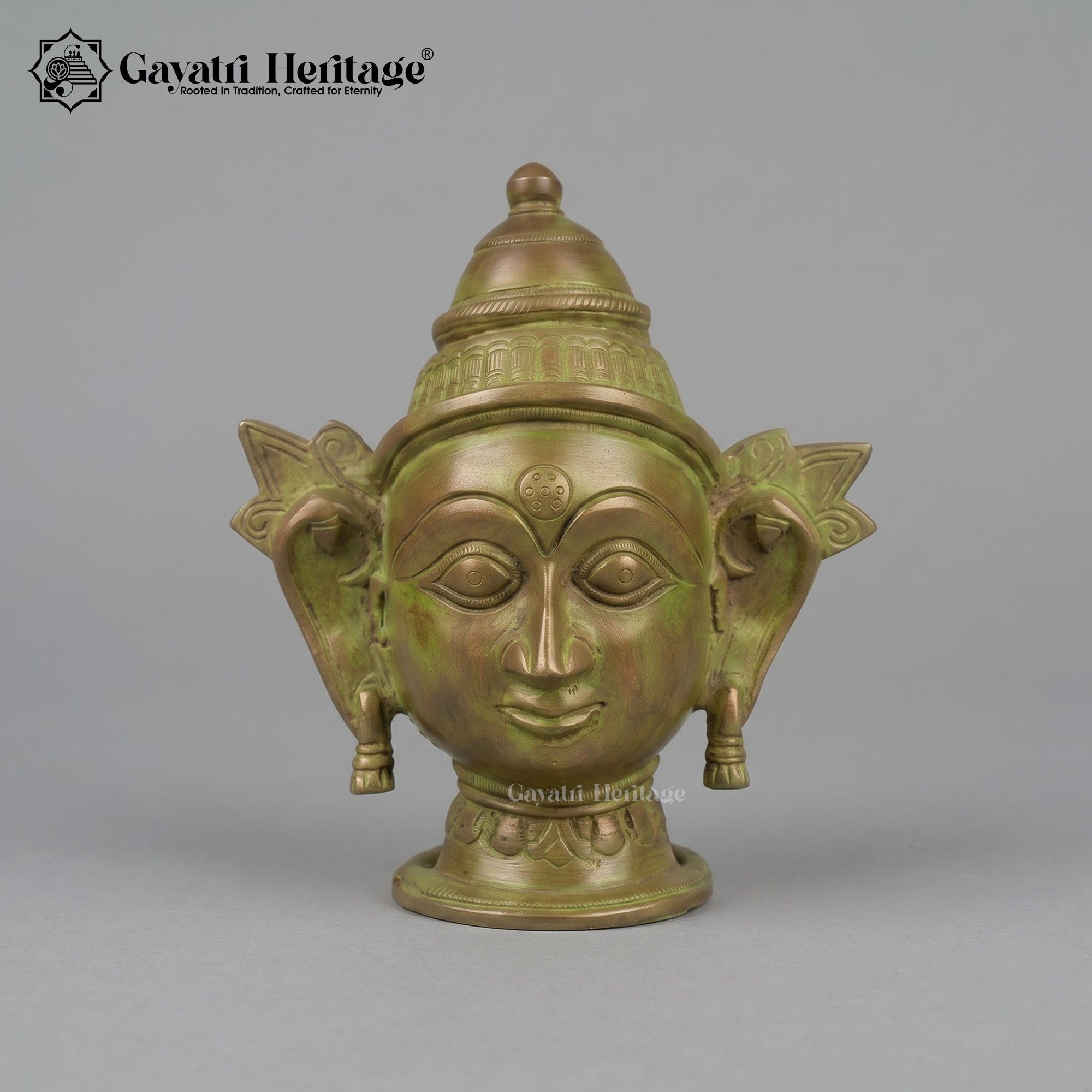 Vintage Style Shiva Parvati Mukha Statue Set – Brass Deity Face Sculpture with Blue Green Patina