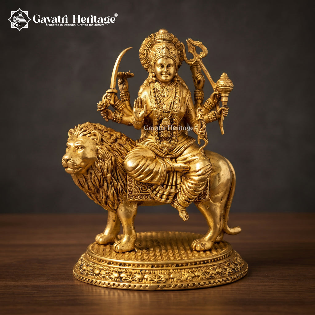 Brass Durga Maa Idol on Lion | Intricately Carved Goddess Durga Statue with Round Base