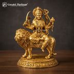 Brass Durga Maa Idol on Lion | Intricately Carved Goddess Durga Statue with Round Base