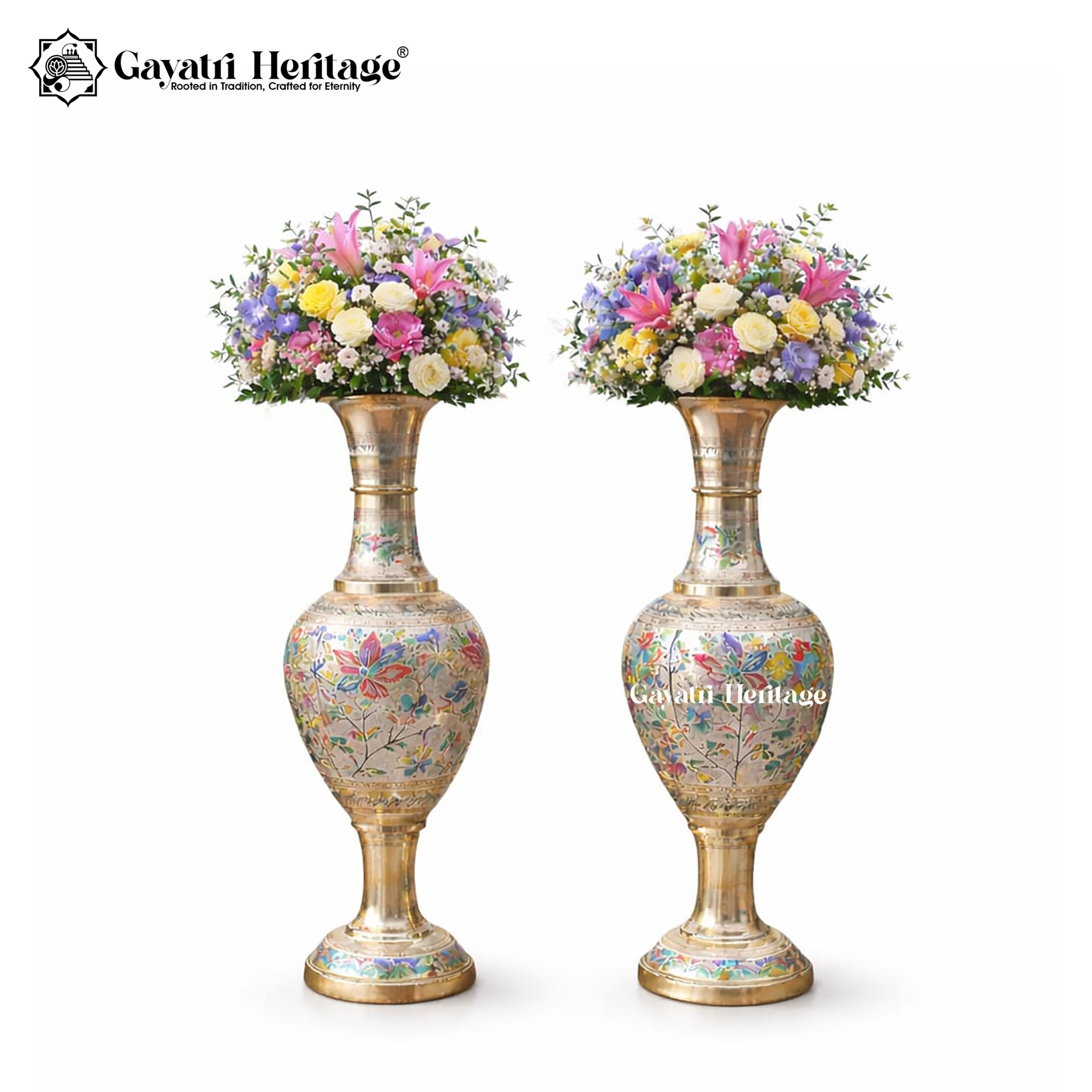Brass Antique Vase – Meenakari Flower Pot Decor | Gayatri Heritage