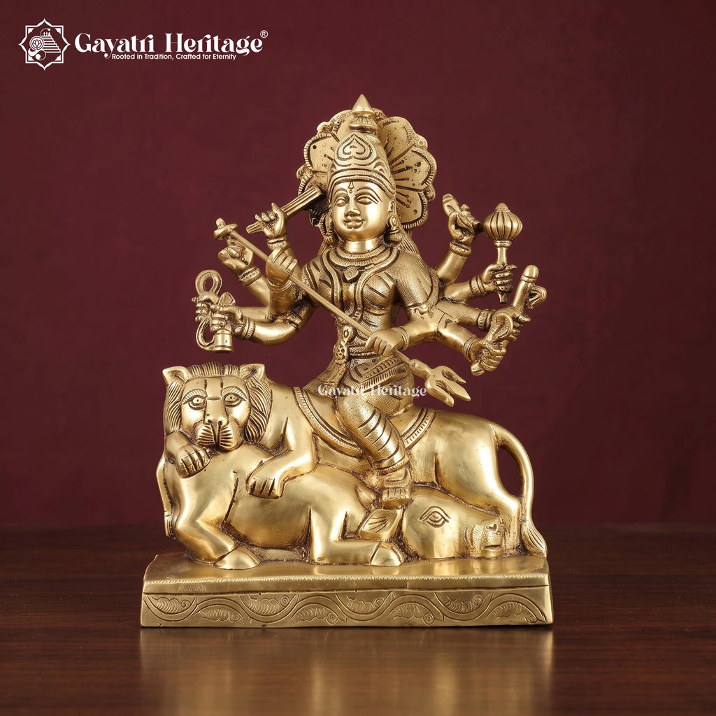 Brass Mahishasura Mardini Idol | Goddess Durga Slaying Mahishasura | Handcrafted Hindu Statue for Puja & Home Decor