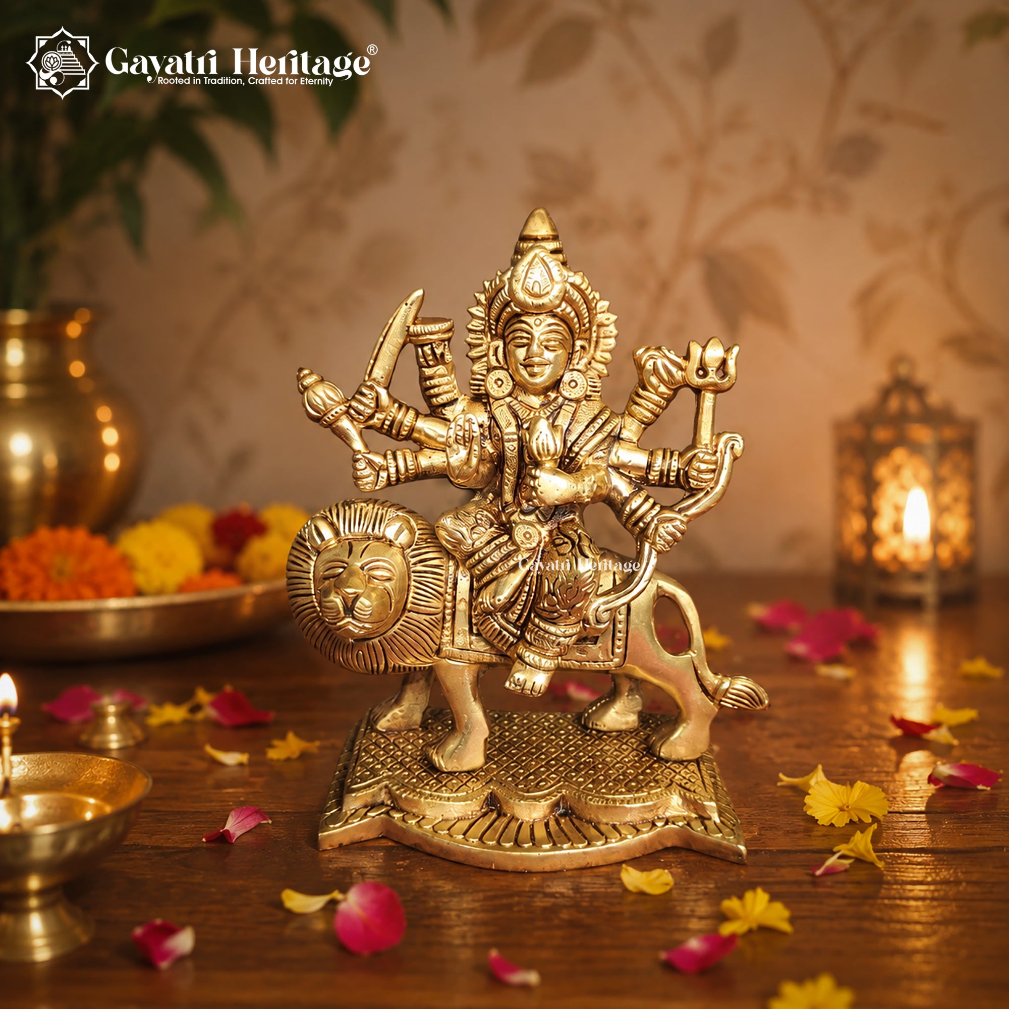 Brass Durga Maa on Lion Statue | Conical Crown Sherawali Idol