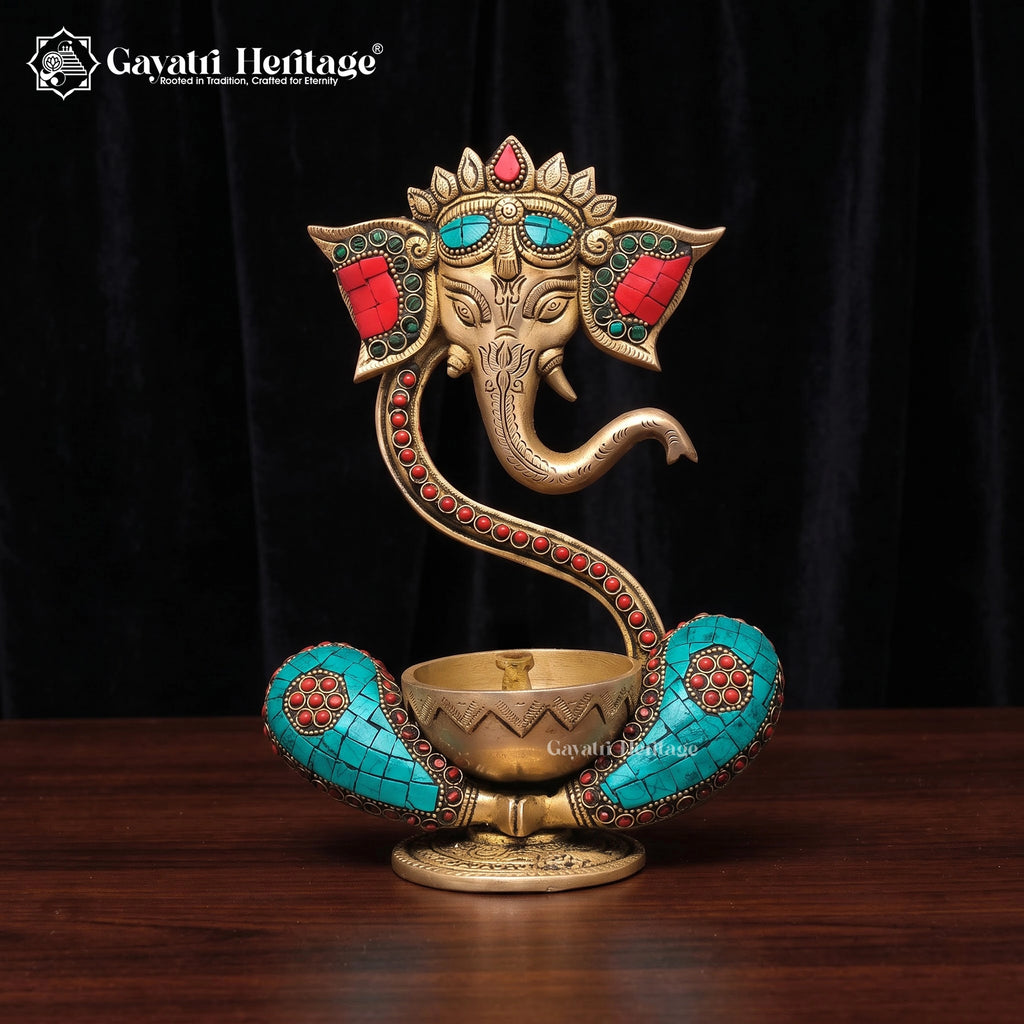 Brass Ganesha Diya | Turquoise Coral Inlay Oil Lamp | Handmade Pooja Decor 9 Inch