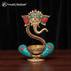 Brass Ganesha Diya | Turquoise Coral Inlay Oil Lamp | Handmade Pooja Decor 9 Inch