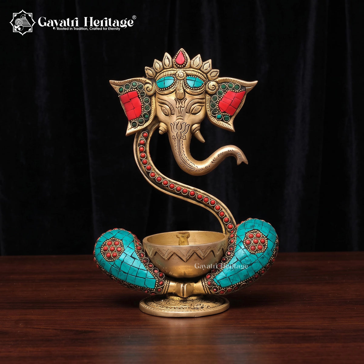 Brass Ganesha Diya | Turquoise Coral Inlay Oil Lamp | Handmade Pooja Decor 9 Inch