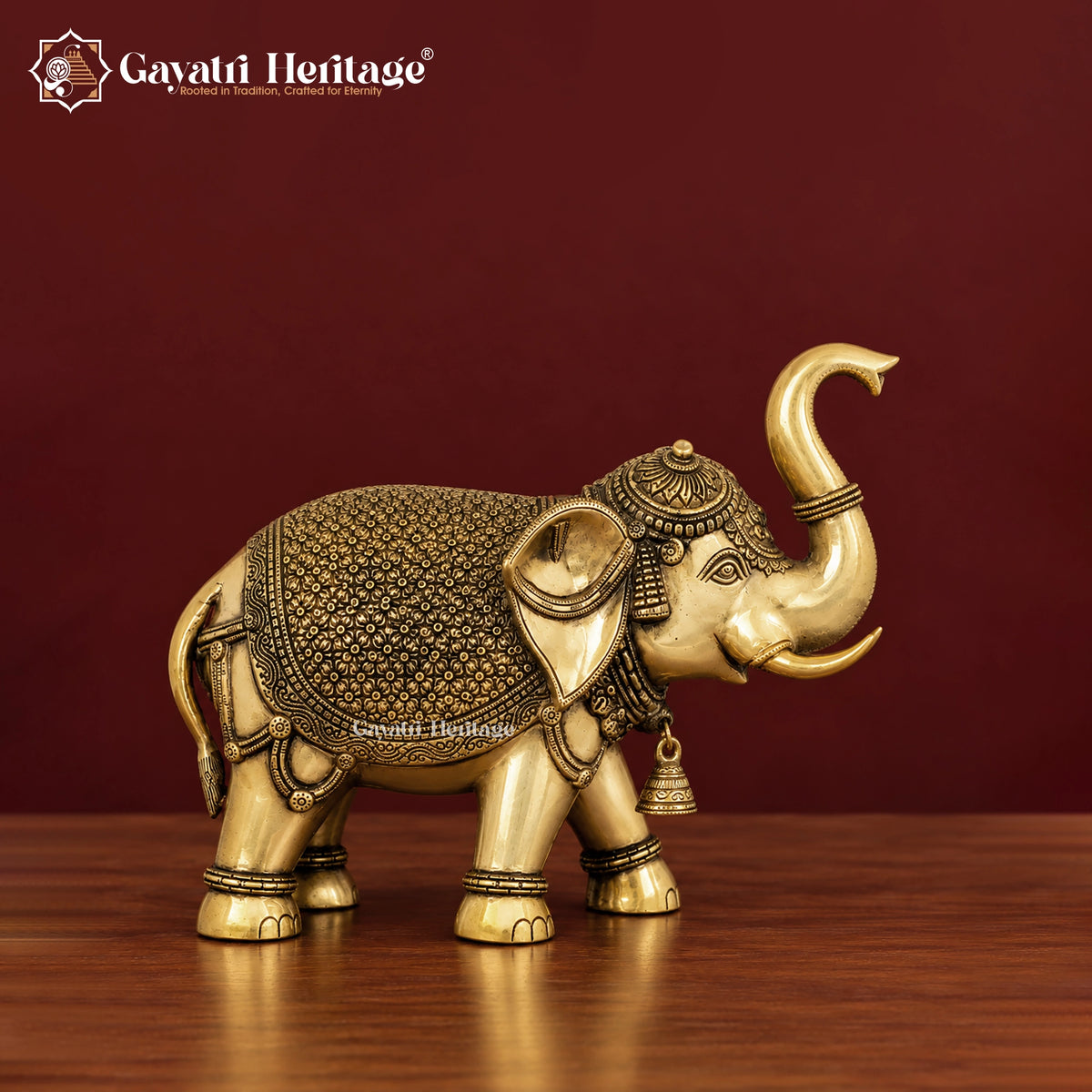 Brass Elephant Figurine with Bell, Upraised Trunk Elephant Statue, Traditional Indian Brass Decor, Lucky Elephant Gift, Home Office Decor