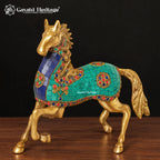 Brass Horse Statue with Turquoise Stone Inlay – Handmade Prancing Horse Figurine