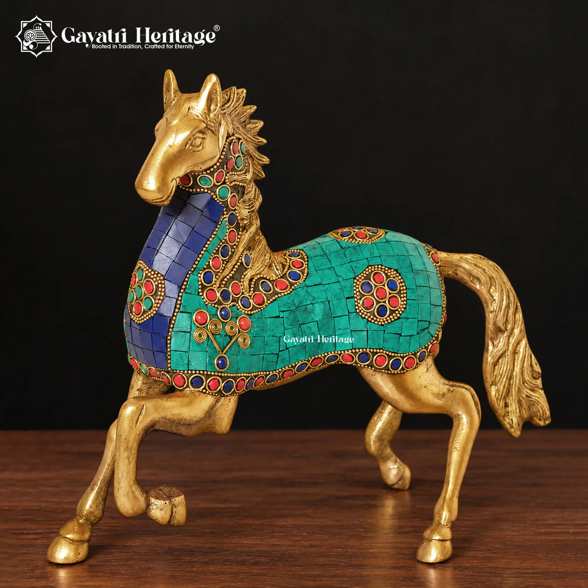 Brass Horse Statue with Turquoise Stone Inlay – Handmade Prancing Horse Figurine