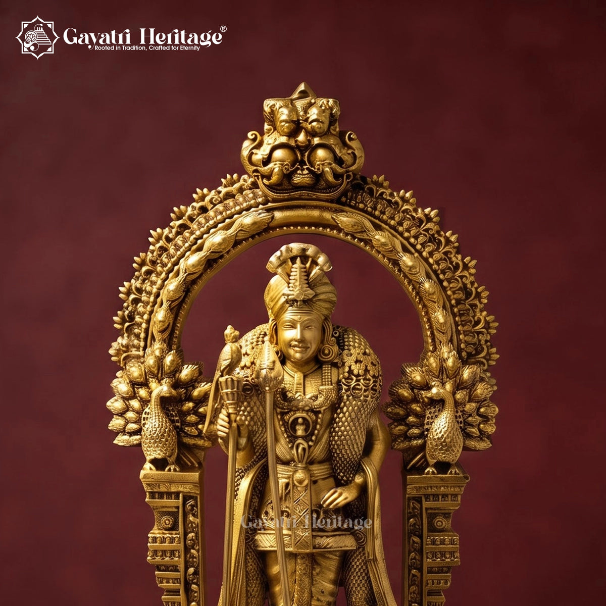 Brass Lord Murugan Statue with Peacock Arch | Kartikeya Idol with Vel Spear | Handcrafted South Indian Hindu Idol
