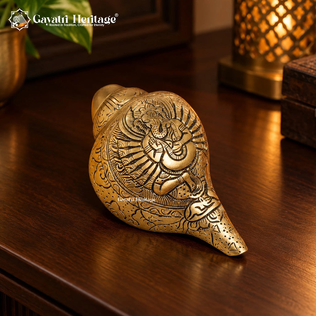 Brass Ganesha Shankh – Engraved Lord Ganesh Conch Shell for Pooja & Temple Decor