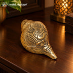 Brass Ganesha Shankh – Engraved Lord Ganesh Conch Shell for Pooja & Temple Decor