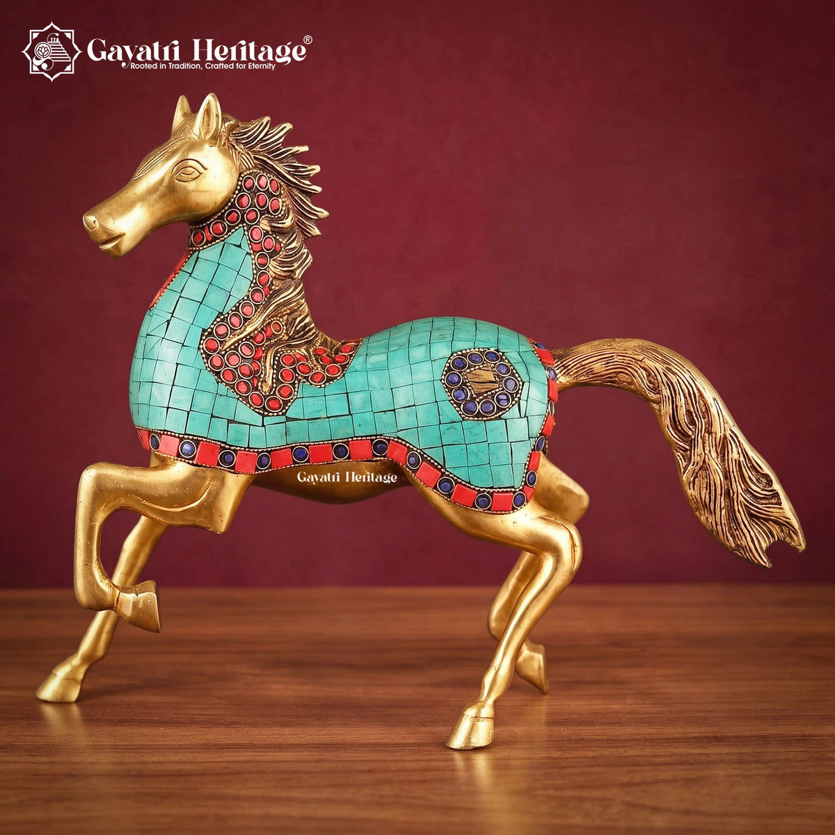 Brass Horse Statue with Stone Inlay, Handmade Prancing Horse Figurine, Indian Vastu Decor, Home & Office Decoration