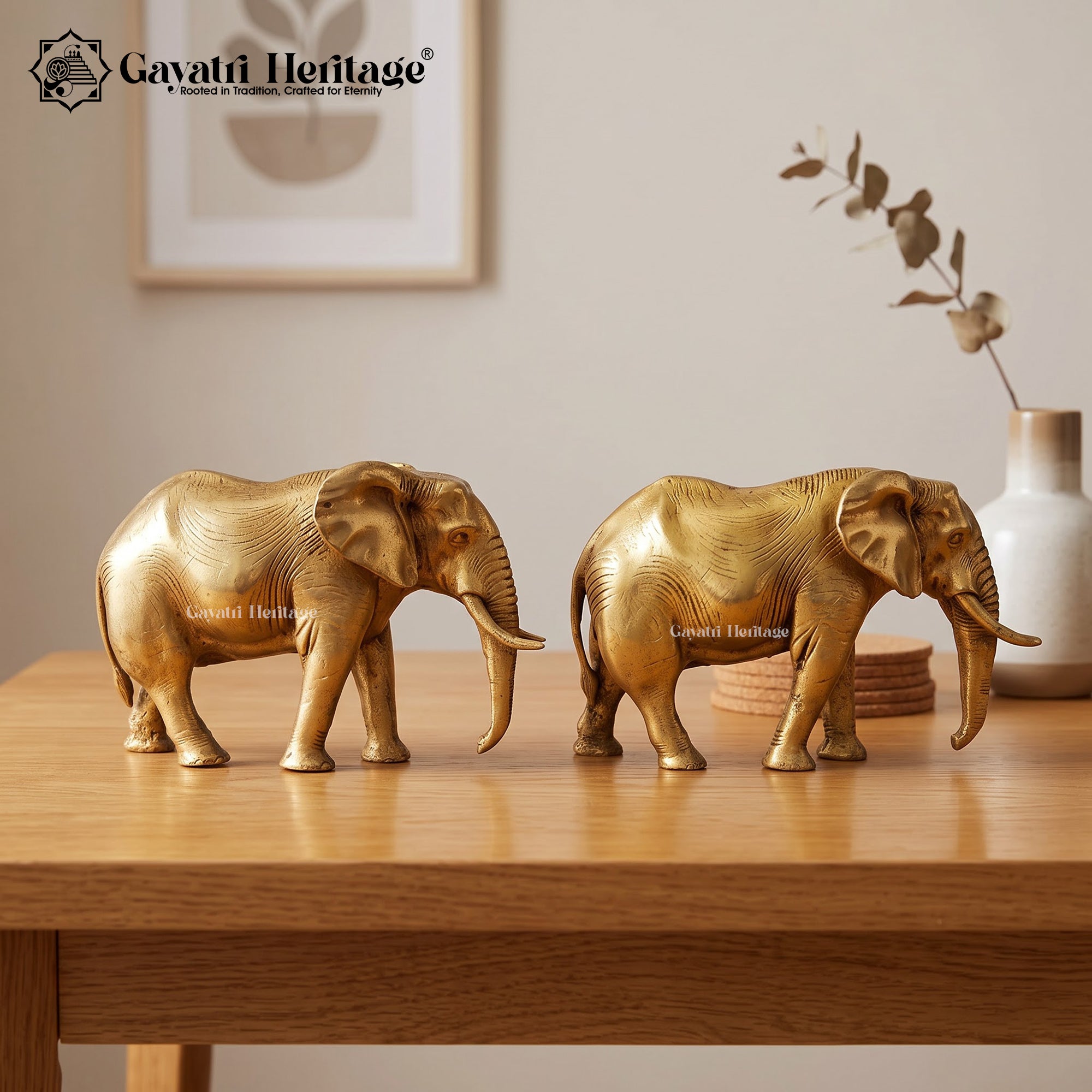 Brass Wild Elephant Pair Statue | Traditional Indian Elephant Figurines | Luxury Home Decor, Living Room Tabletop & Office Display