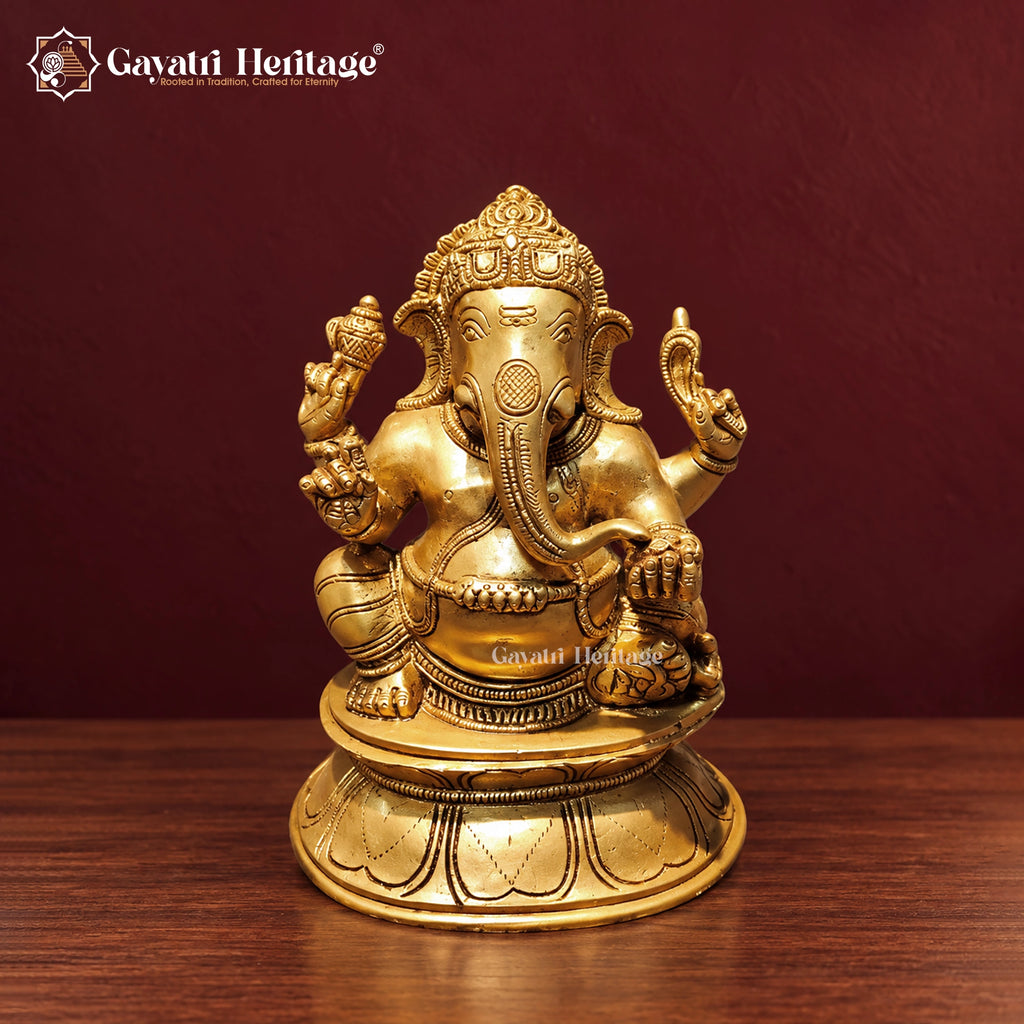 Brass Ganesha Statue on Lotus Base – Handcrafted Lord Ganesh Idol for Home Temple & Pooja Decor