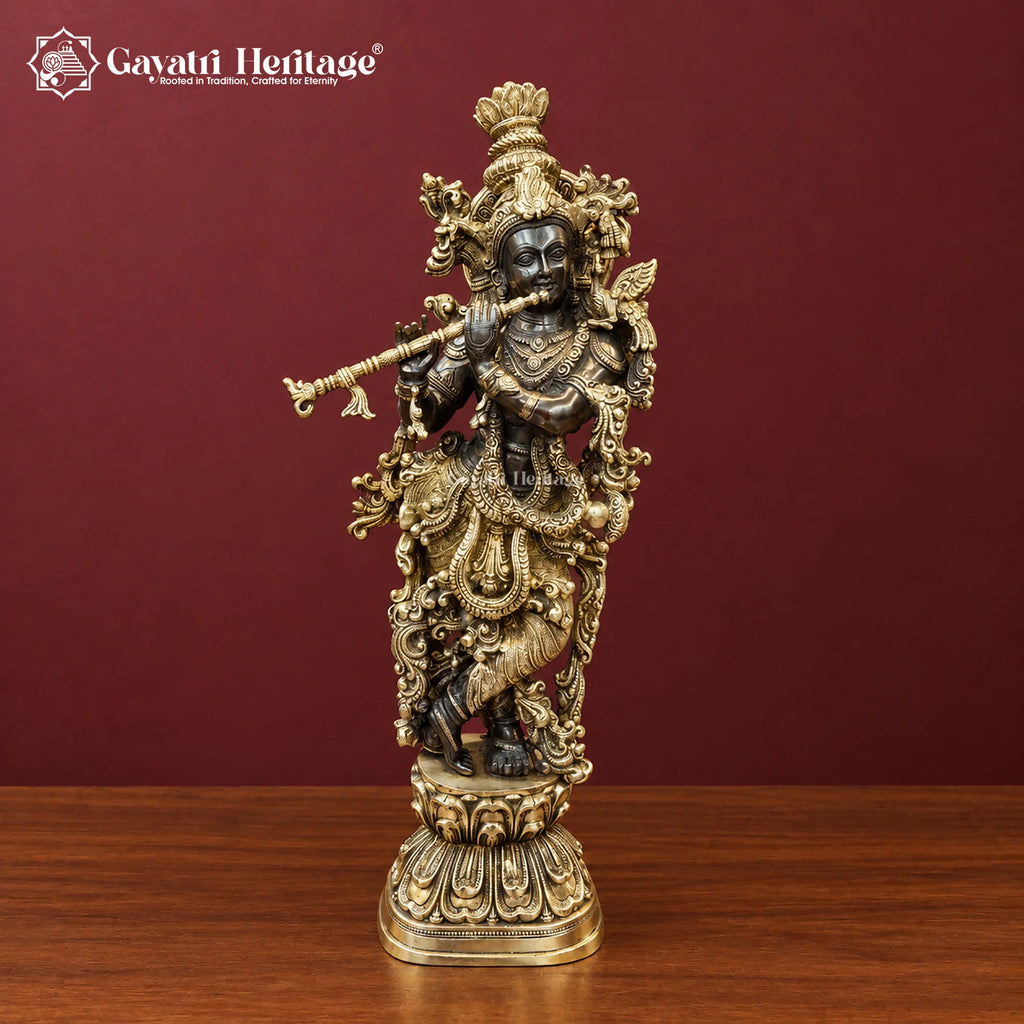 29 Inch Brass Krishna Idol | Handcrafted Black & Gold Finish | Hindu Pooja Room Decor