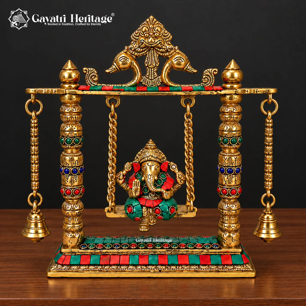 Brass Ganesha Jhula with Stone Inlay & Temple Bells, Handcrafted Ganesh Swing Idol, Pooja & Home Temple Decor