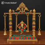 Brass Ganesha Jhula with Stone Inlay & Temple Bells, Handcrafted Ganesh Swing Idol, Pooja & Home Temple Decor