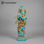 Brass Krishna Statue with Turquoise Antique Finish | Flute Playing Krishna Murti | Hindu God Idol for Home Temple Decor