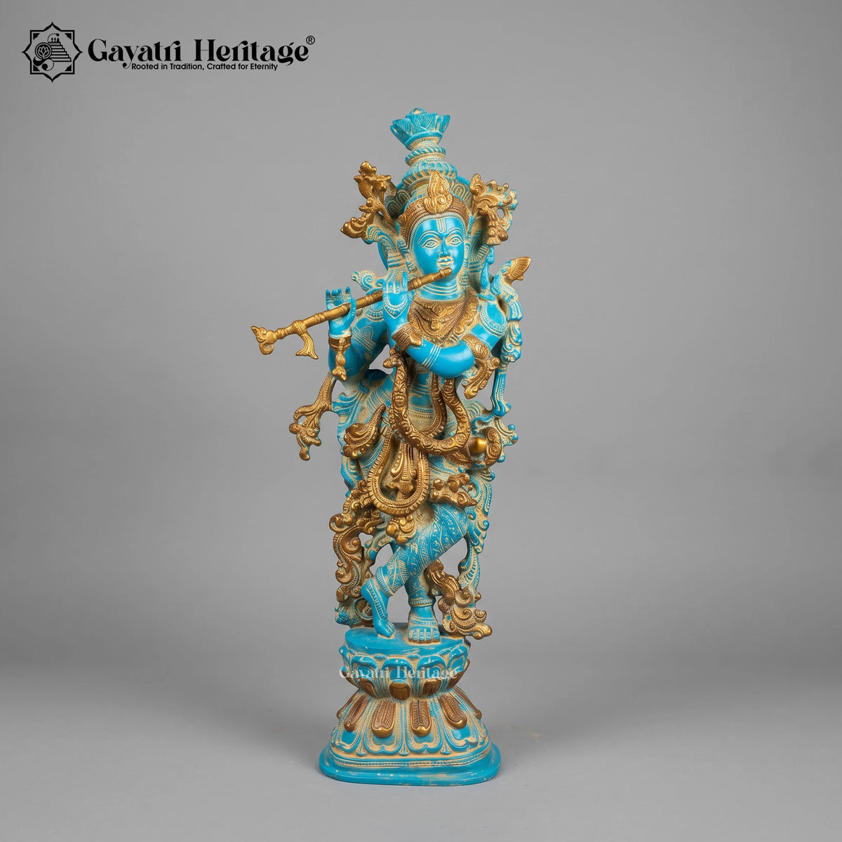 Brass Krishna Statue with Turquoise Antique Finish | Flute Playing Krishna Murti | Hindu God Idol for Home Temple Decor