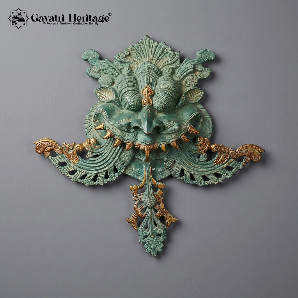 Handcrafted Brass Kirtimukha Wall Hanging | Verdigris Green Face of Glory Mask for Temple Door Decor