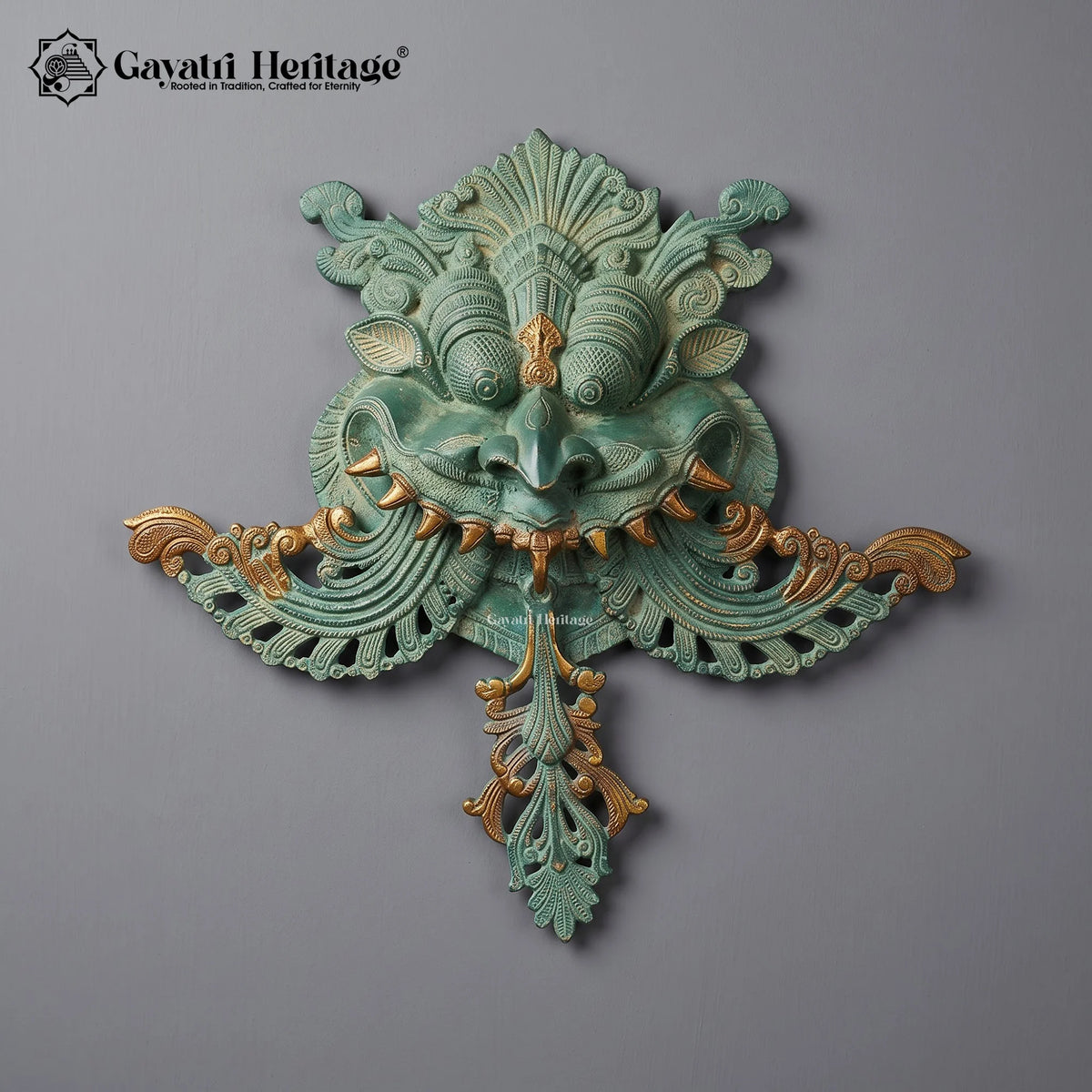 Handcrafted Brass Kirtimukha Wall Hanging | Verdigris Green Face of Glory Mask for Temple Door Decor