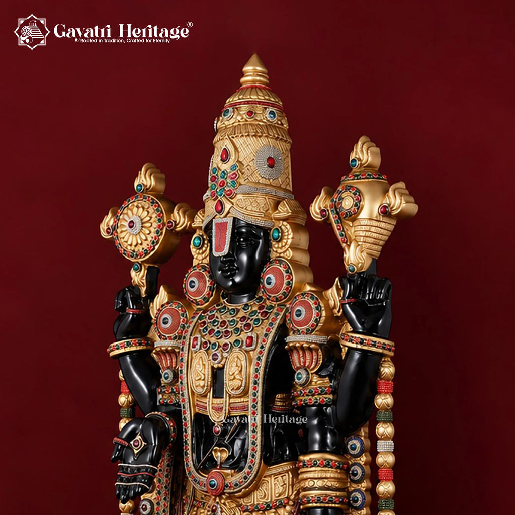 Large Brass Lord Venkateswara Statue | Tirupati Balaji Idol with Black Gold Finish and Colorful Stonework