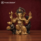 Brass Ganesha Statue with Mouse, Dual Tone Antique Finish Ganpati Idol, Handcrafted Hindu God Murti for Home Mandir