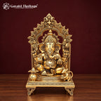 Brass Ganesha Idol on Singhasan Throne with Kirtimukha Arch, Kalash & Mouse | Handcrafted Ganpati Murti for Home Mandir