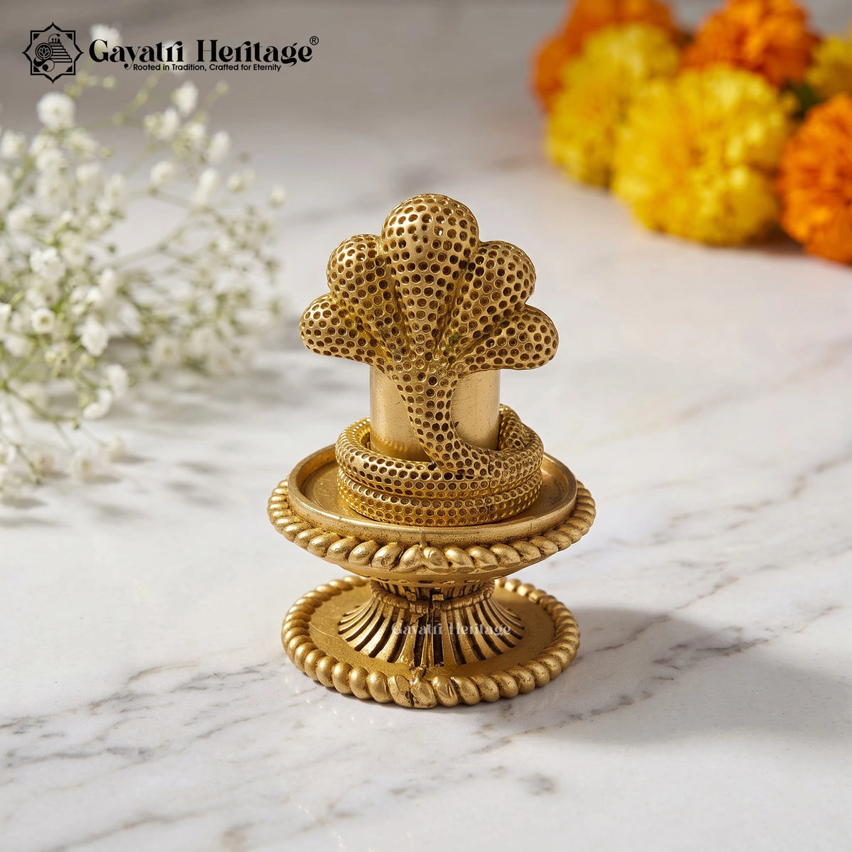 Brass 3D Shivling with Naga Snake | Handcrafted Shiva Lingam Idol | Hindu Pooja & Home Mandir Decor | Spiritual Gift