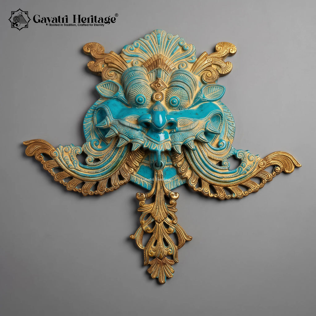 Kirtimukha Brass Wall Hanging – Turquoise Patina Temple Guardian Face, Handcrafted Indian Décor