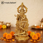 Brass Lord Krishna Playing Flute with Peacock Statue – Divine Murti | Gayatri Heritage