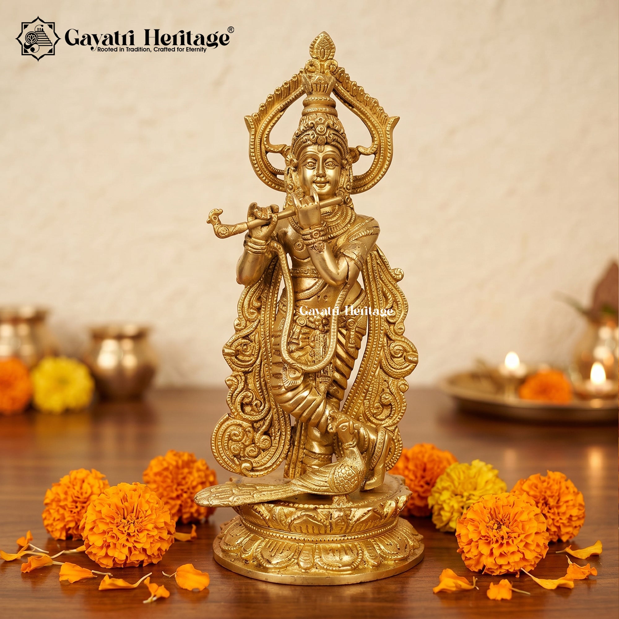 Brass Lord Krishna Playing Flute with Peacock Statue – Divine Murti | Gayatri Heritage