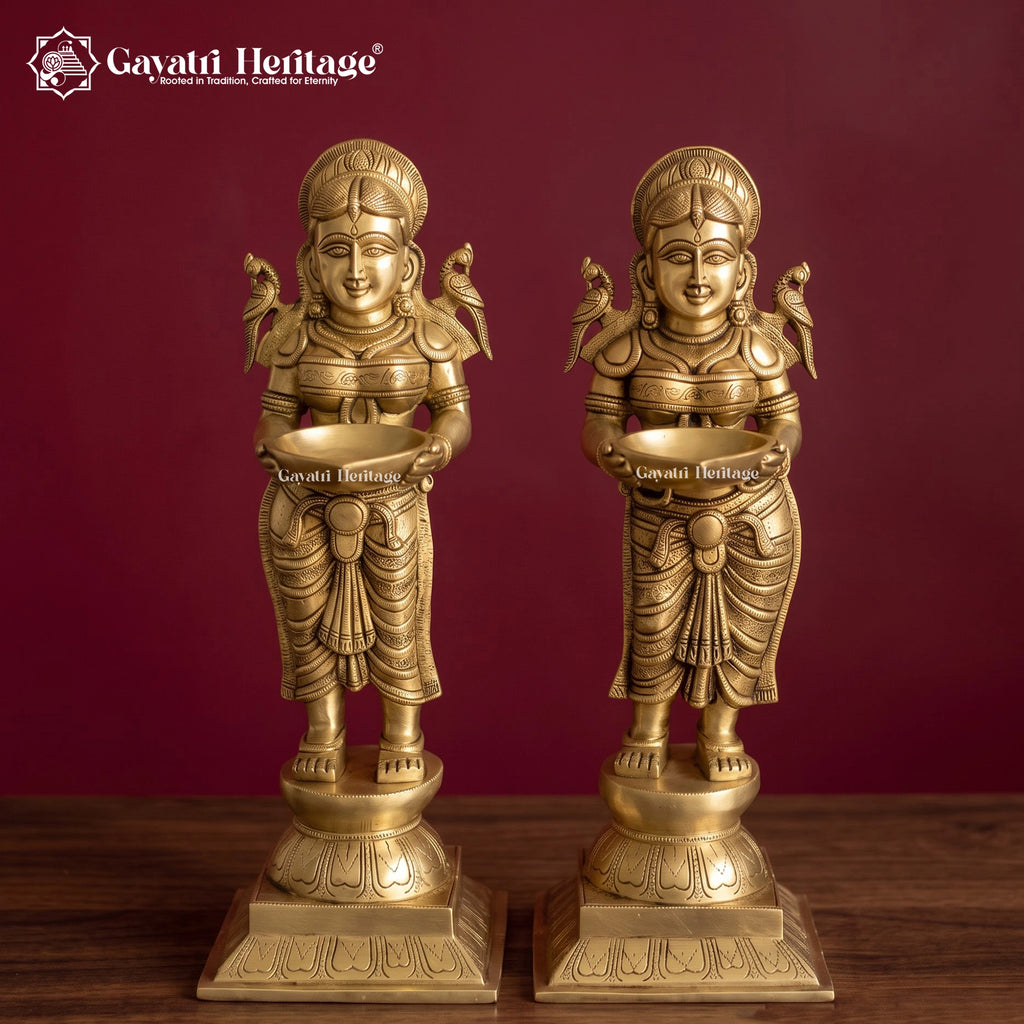 Brass Deepalakshmi Diya Pair Set of 2, Paavai Vilakku Oil Lamps with Parrots, Traditional South Indian Temple Decor