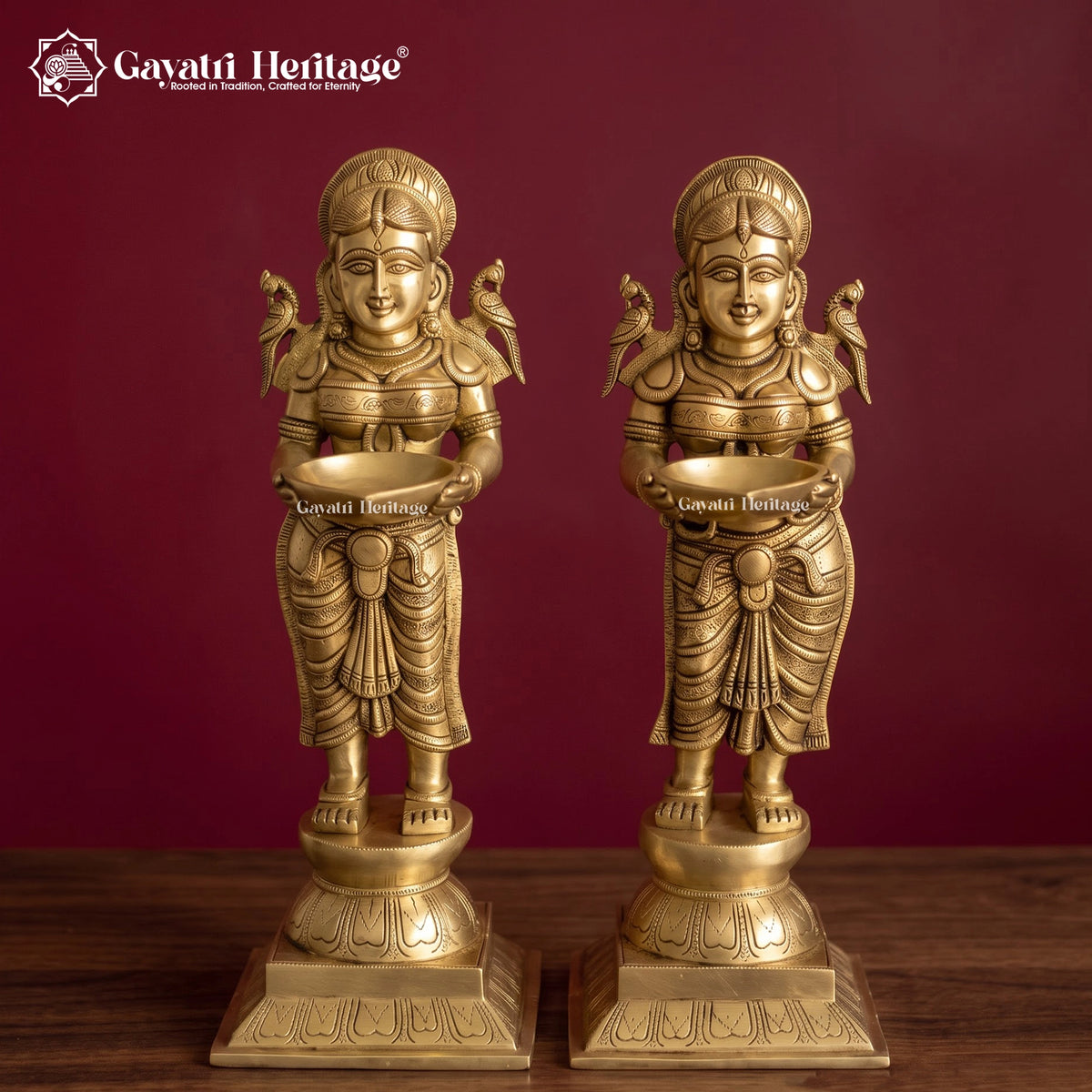 Brass Deepalakshmi Diya Pair Set of 2, Paavai Vilakku Oil Lamps with Parrots, Traditional South Indian Temple Decor