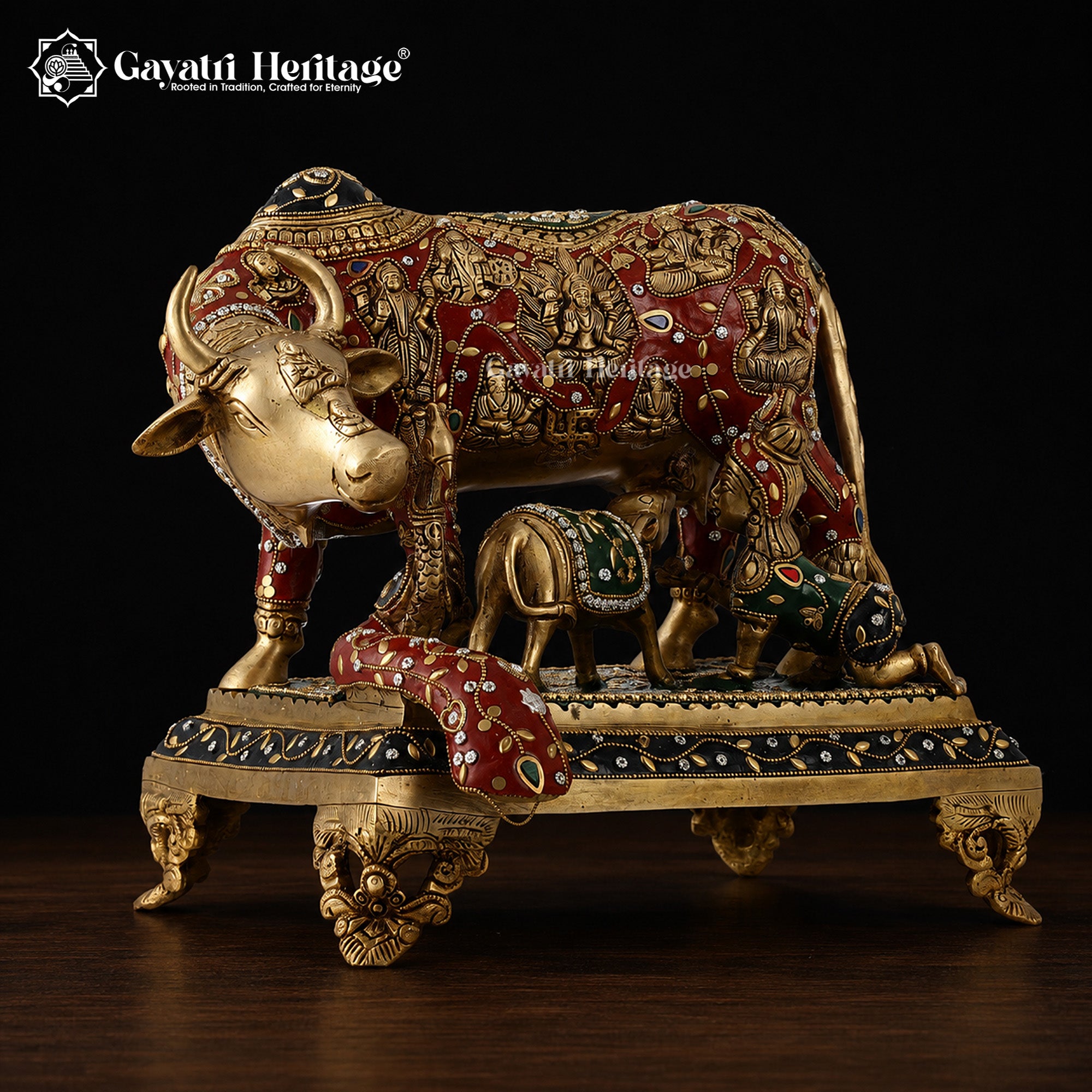 Brass Cow and Calf – Exquisite Stone Work Detailing | Gayatri Heritage