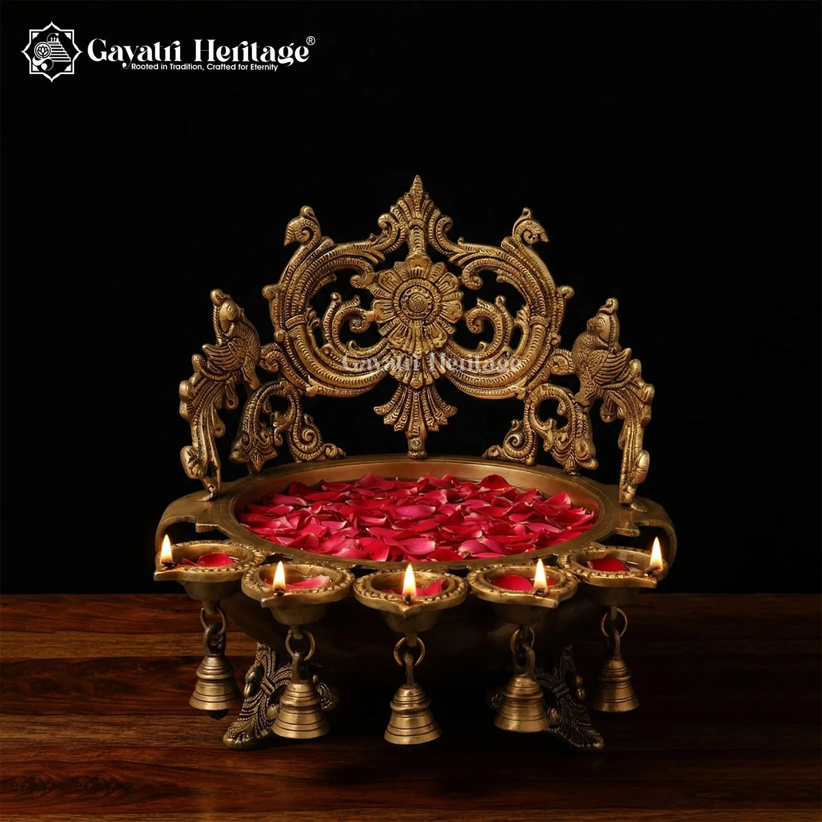 Brass Urli with 5 Diyas, 12 inch, handcrafted by Gayatri Heritage
