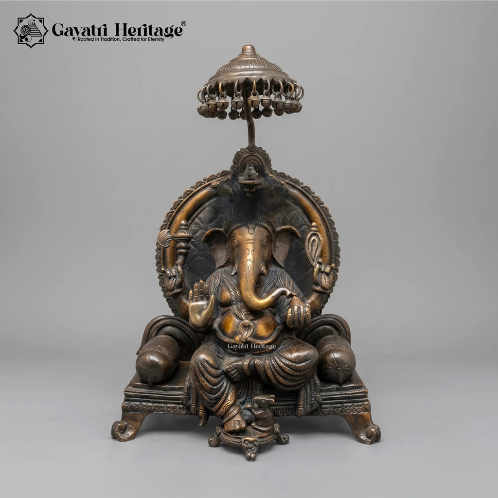 Handcrafted Brass Ganesha Idol with Throne & Umbrella Bells | Antique Black Gold Ganesh Statue