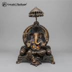 Handcrafted Brass Ganesha Idol with Throne & Umbrella Bells | Antique Black Gold Ganesh Statue