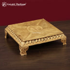 Handcrafted Brass Pooja Chowki, Engraved Square Bajot Stand with Jali Work, Golden Puja Peeta for Idols & Mandir