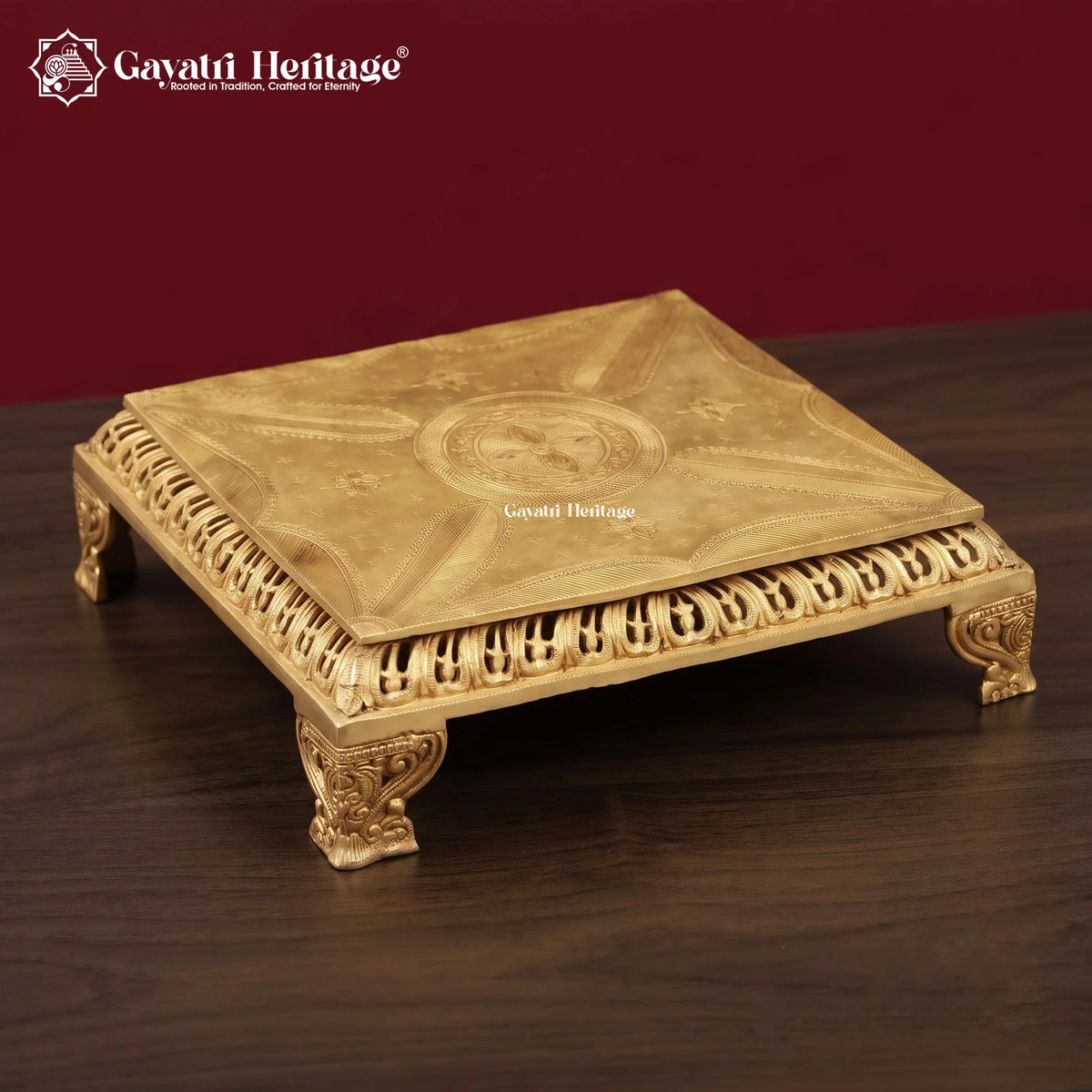 Handcrafted Brass Pooja Chowki, Engraved Square Bajot Stand with Jali Work, Golden Puja Peeta for Idols & Mandir