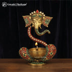 Brass Ganesha Oil Lamp | Stone Inlay Diya | Handmade Pooja Decor 9 Inch