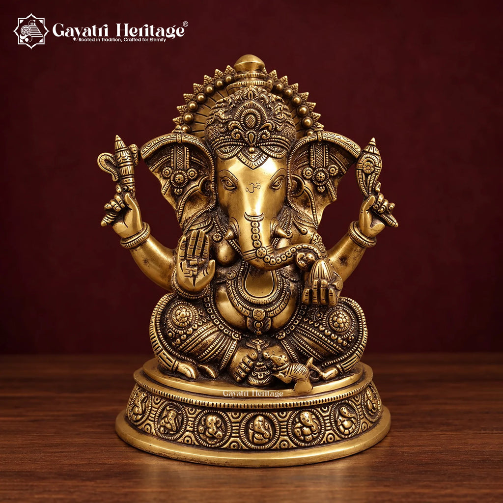 Brass Ganesh Idol on Round Base, Antique Gold Ganesha Statue with Om, Mushak & Halo, Handcrafted Murti for Home Temple