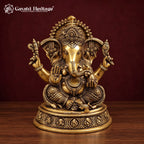 Brass Ganesh Idol on Round Base, Antique Gold Ganesha Statue with Om, Mushak & Halo, Handcrafted Murti for Home Temple