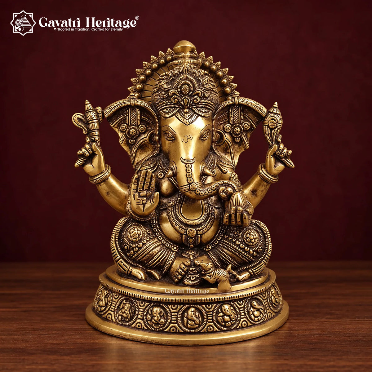 Brass Ganesh Idol on Round Base, Antique Gold Ganesha Statue with Om, Mushak & Halo, Handcrafted Murti for Home Temple