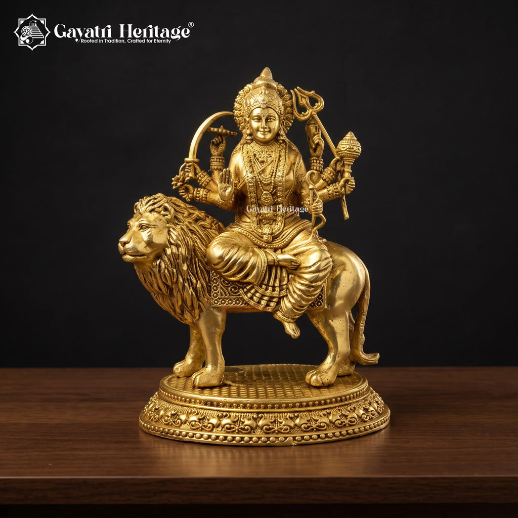 Brass Durga Maa Idol on Lion | Traditional Goddess Durga Murti with Decorative Round Base