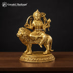 Brass Durga Maa Idol on Lion | Traditional Goddess Durga Murti with Decorative Round Base
